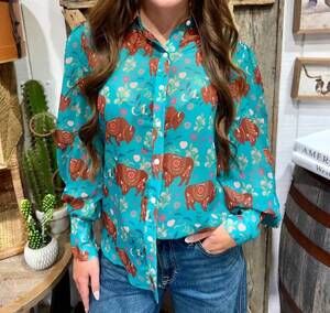 NEW TURQUOISE HAVEN buffalo button-front blouse in turquoise